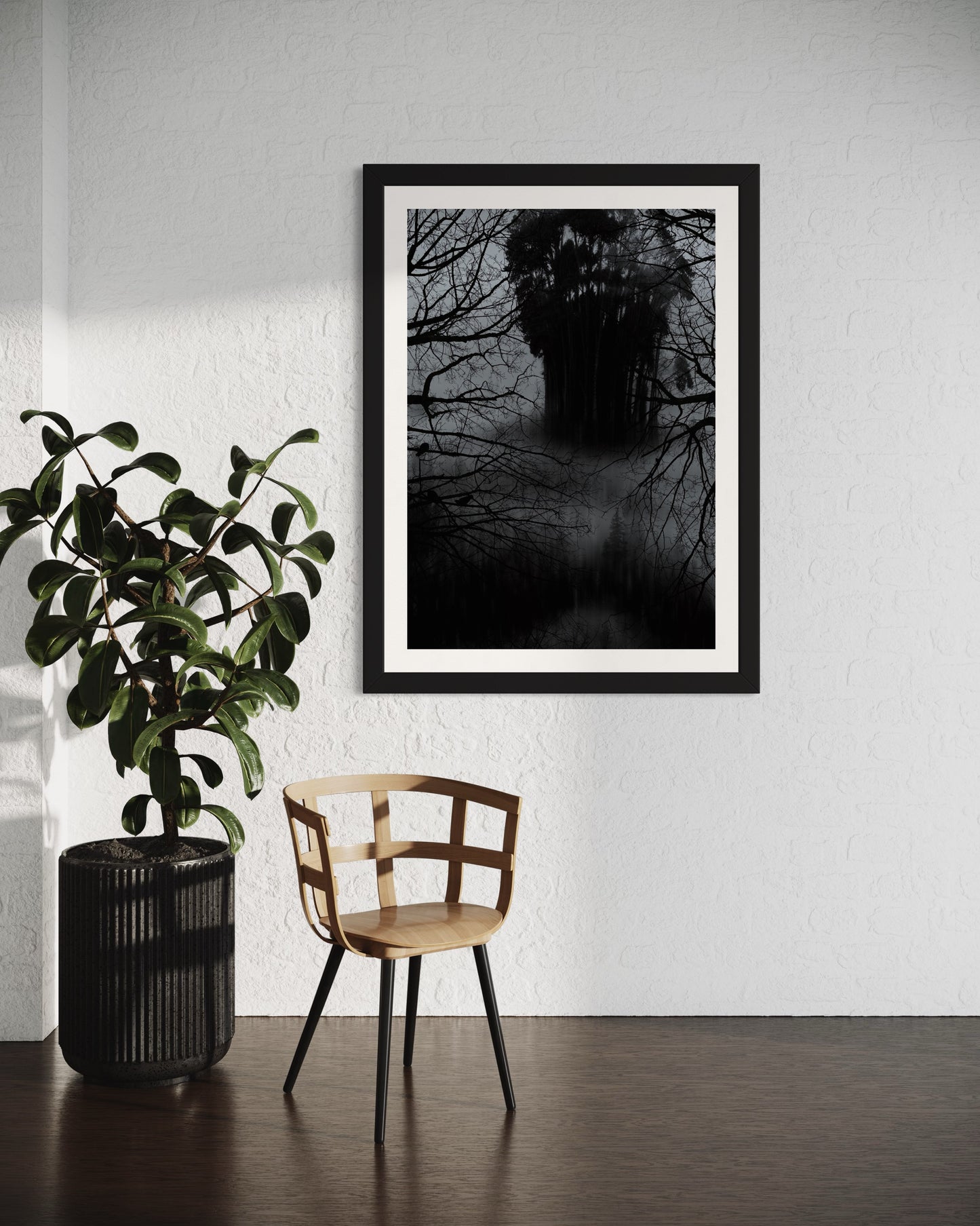 Affiche Encadrée Lost in the forest : Tableau Effet d'Optique - Visages Dissimulés dans une Forêt Sombre