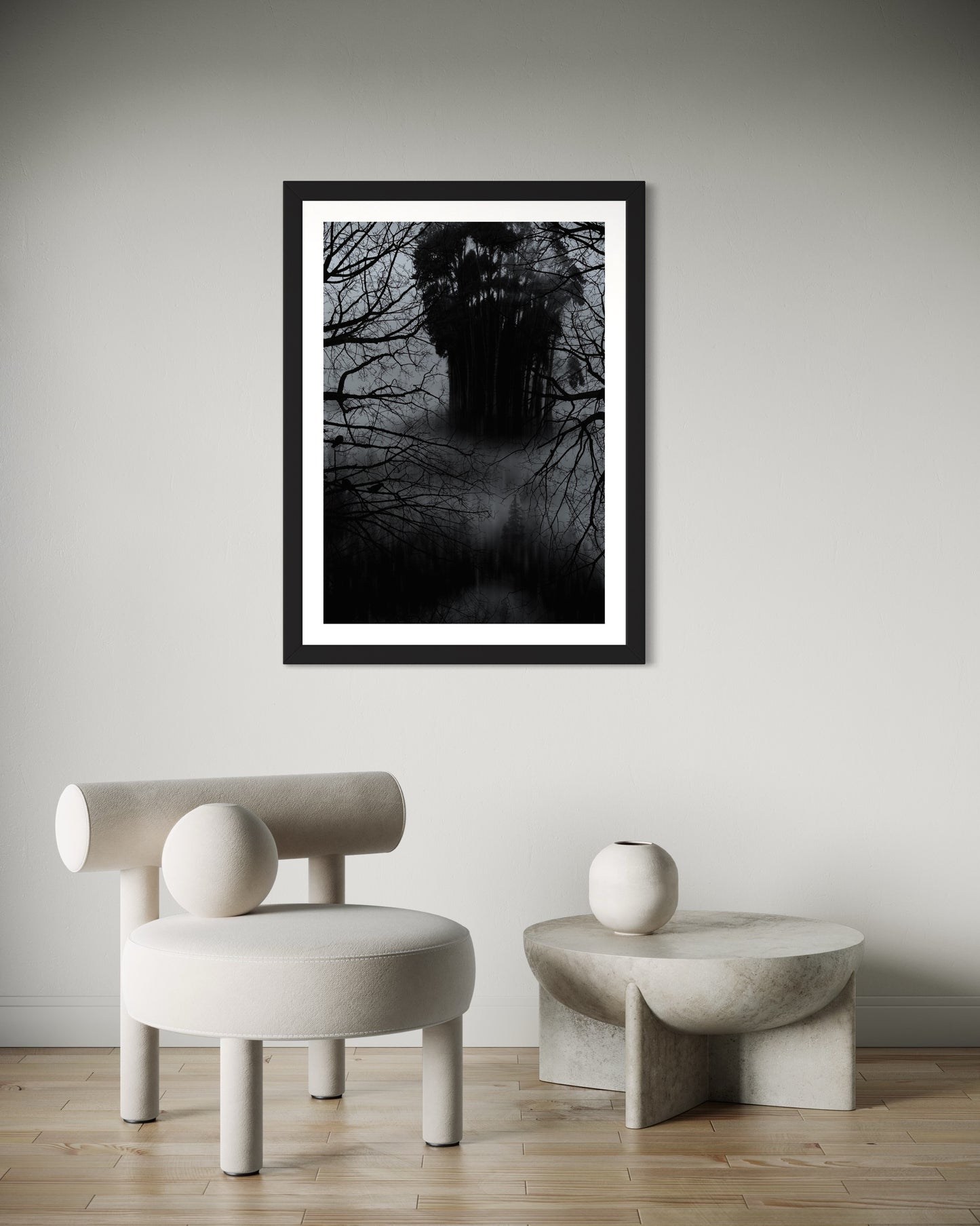 Affiche Encadrée Lost in the forest : Tableau Effet d'Optique - Visages Dissimulés dans une Forêt Sombre