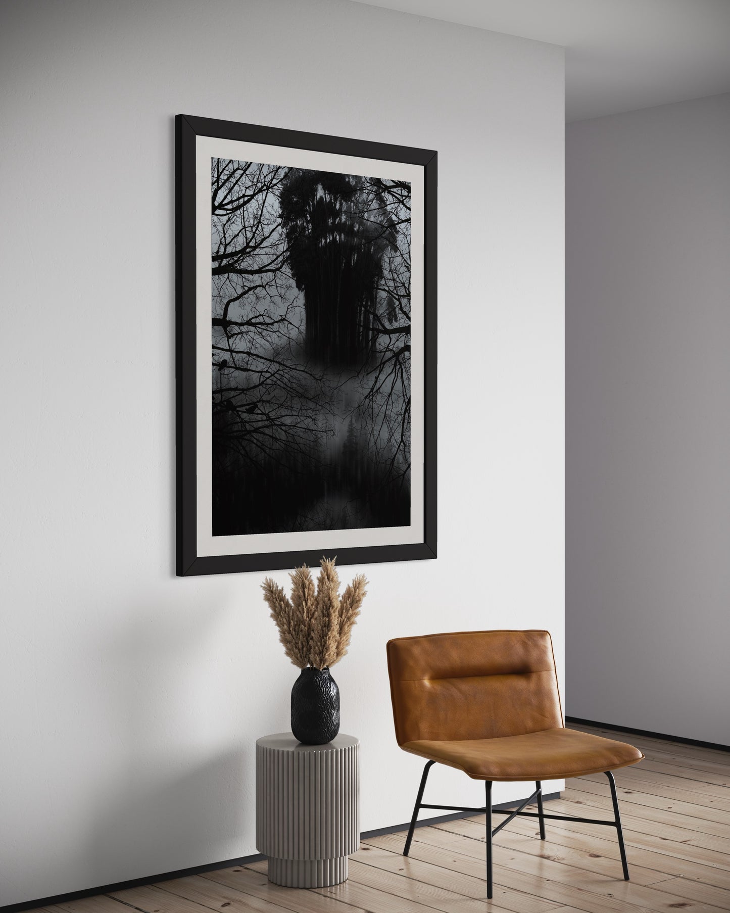 Affiche Encadrée Lost in the forest : Tableau Effet d'Optique - Visages Dissimulés dans une Forêt Sombre