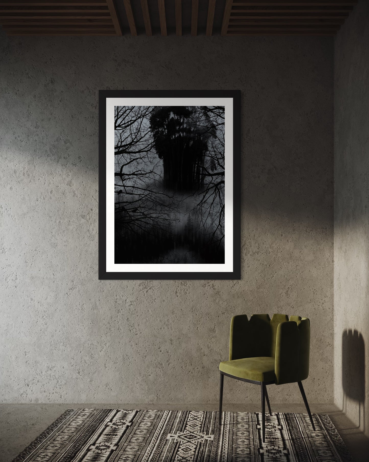 Affiche Encadrée Lost in the forest : Tableau Effet d'Optique - Visages Dissimulés dans une Forêt Sombre