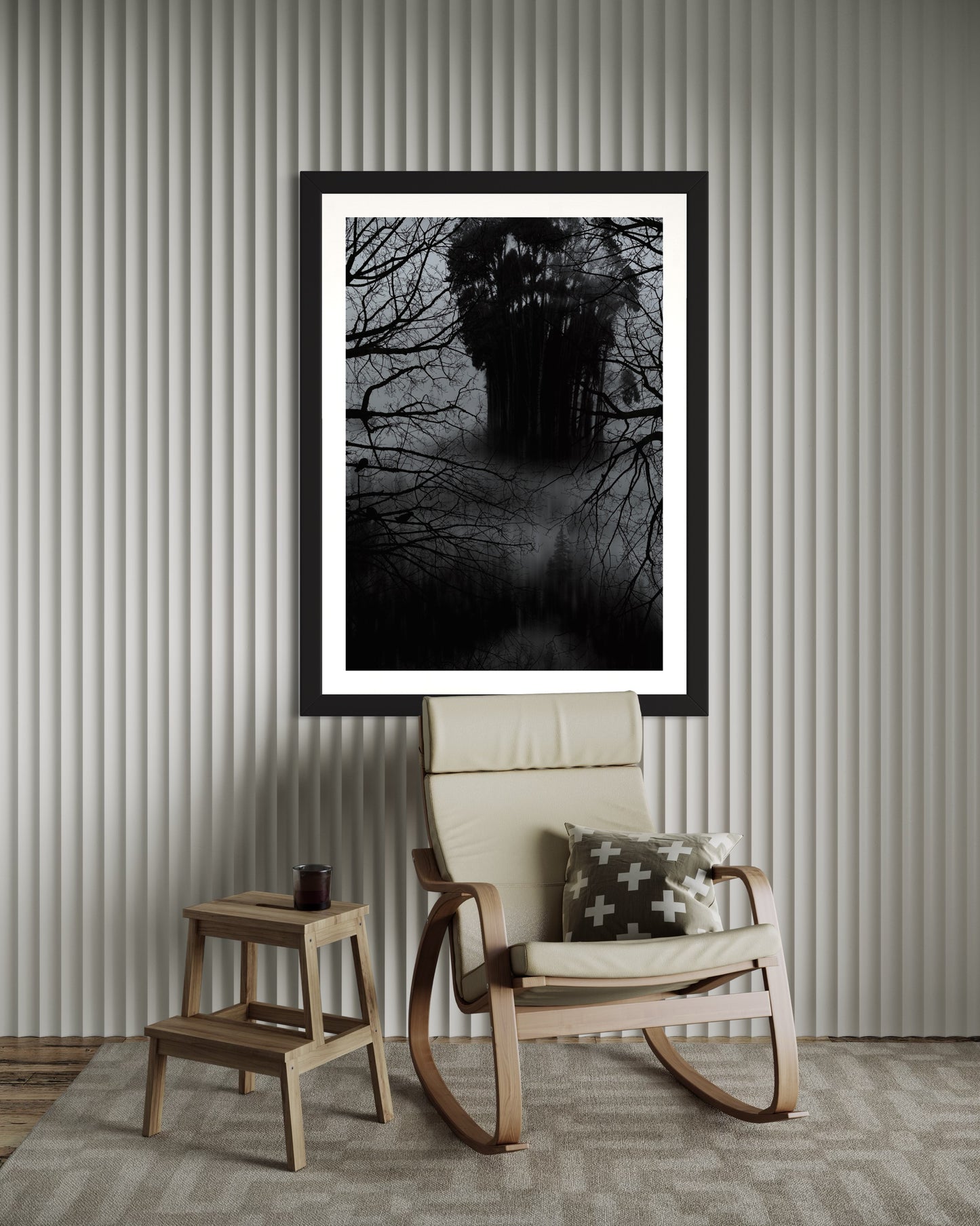 Affiche Encadrée Lost in the forest : Tableau Effet d'Optique - Visages Dissimulés dans une Forêt Sombre
