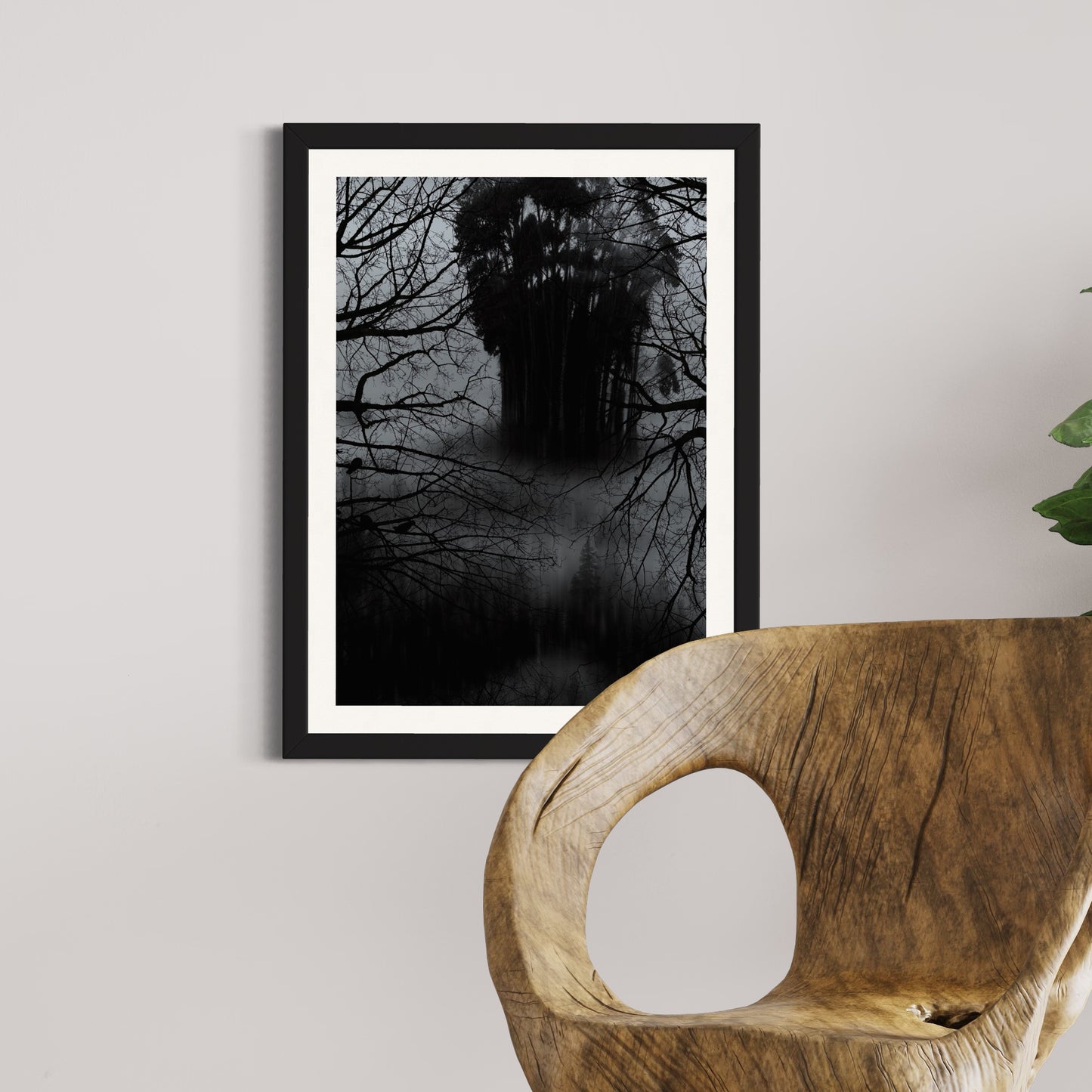 Affiche Encadrée Lost in the forest : Tableau Effet d'Optique - Visages Dissimulés dans une Forêt Sombre
