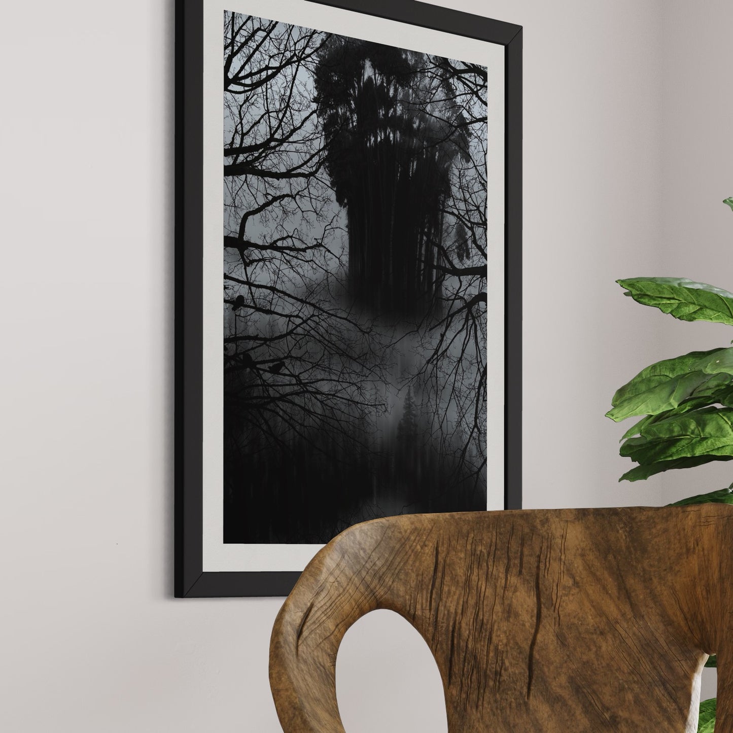 Affiche Encadrée Lost in the forest : Tableau Effet d'Optique - Visages Dissimulés dans une Forêt Sombre