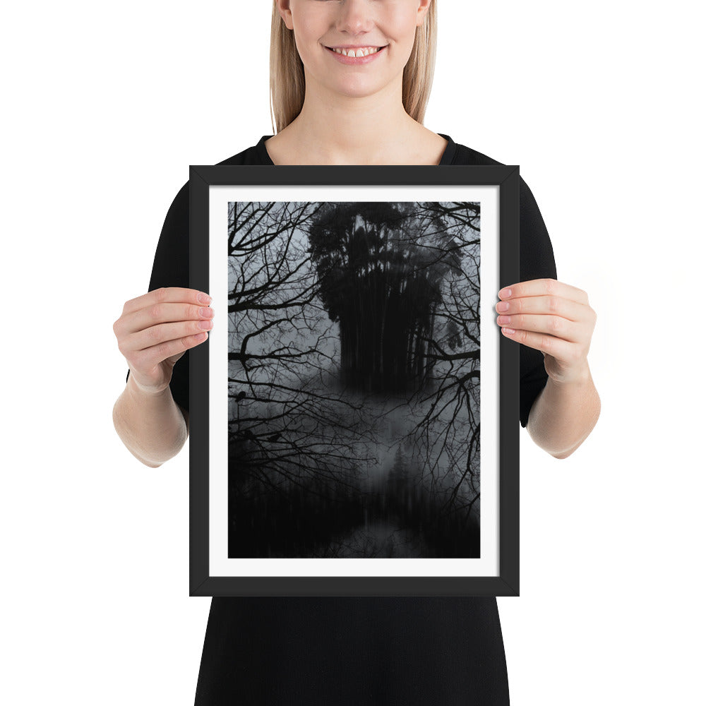 Affiche Encadrée Lost in the forest : Tableau Effet d'Optique - Visages Dissimulés dans une Forêt Sombre