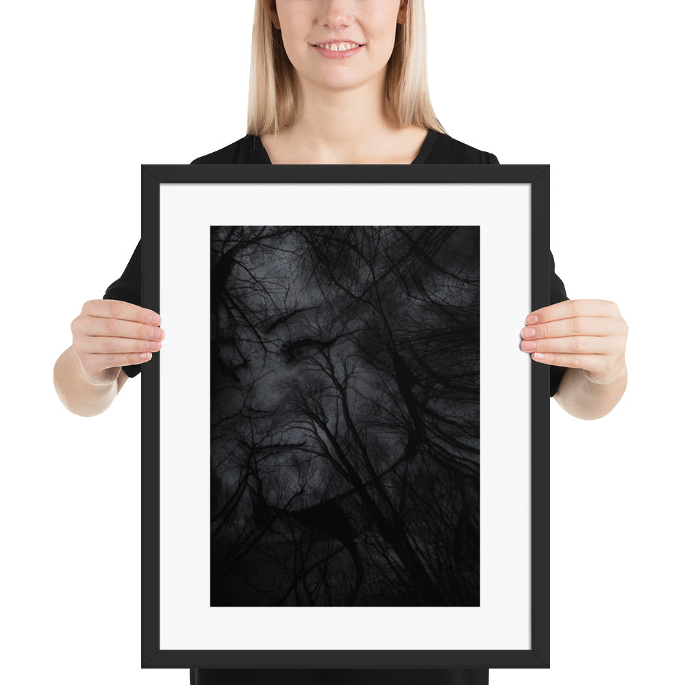 Affiche Encadrée : Tableau Effet d'Optique - Visage Dissimulé dans une Forêt Sombre
