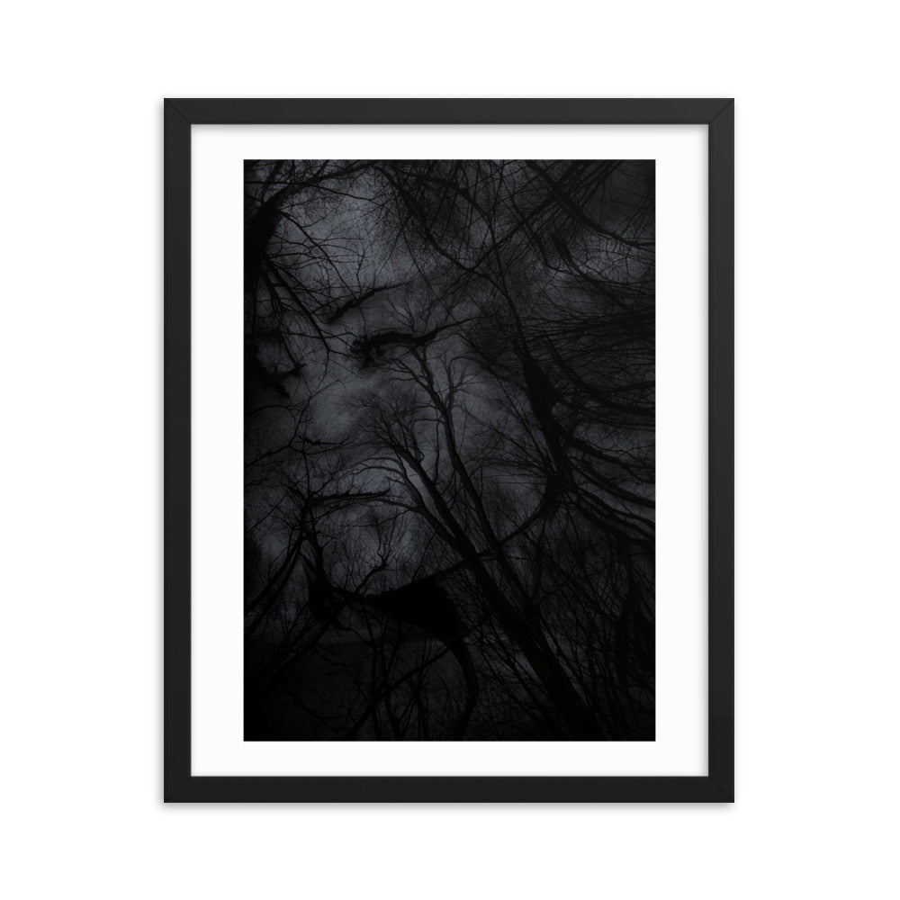 Affiche Encadrée : Tableau Effet d'Optique - Visage Dissimulé dans une Forêt Sombre
