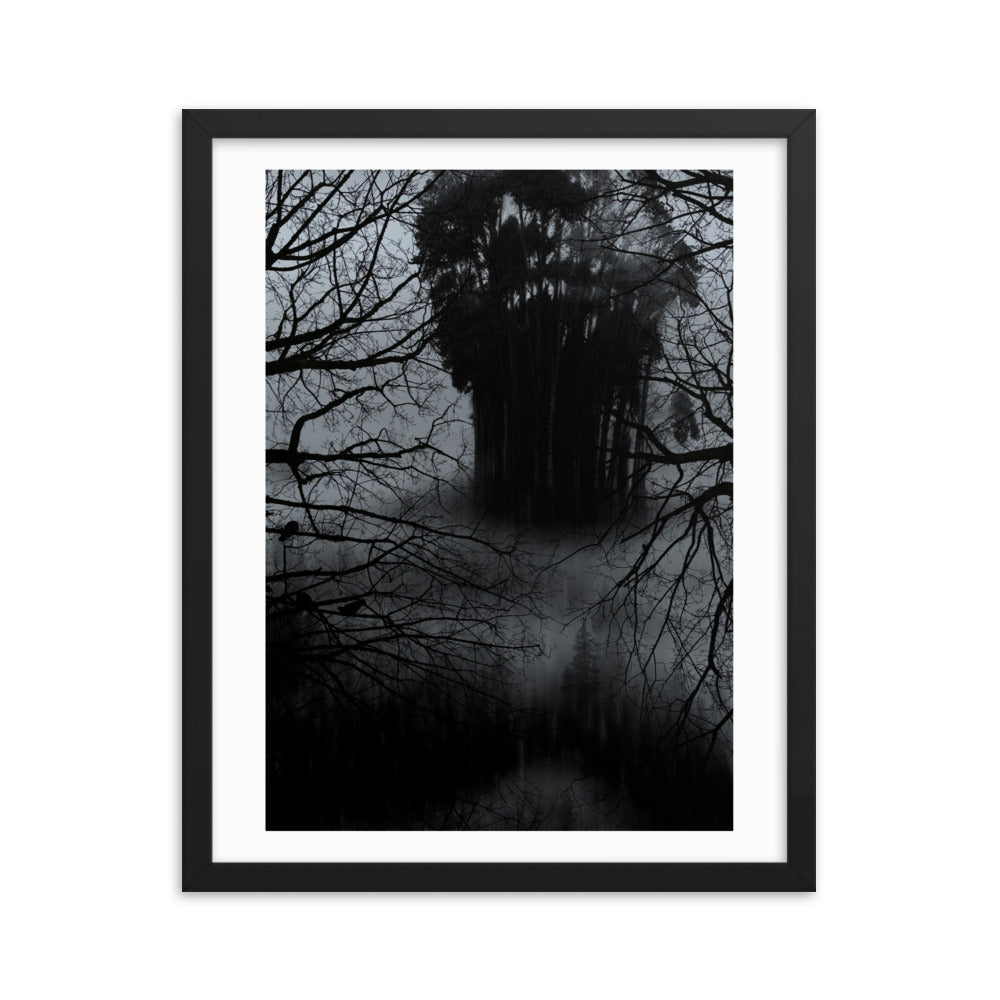 Affiche Encadrée Lost in the forest : Tableau Effet d'Optique - Visages Dissimulés dans une Forêt Sombre