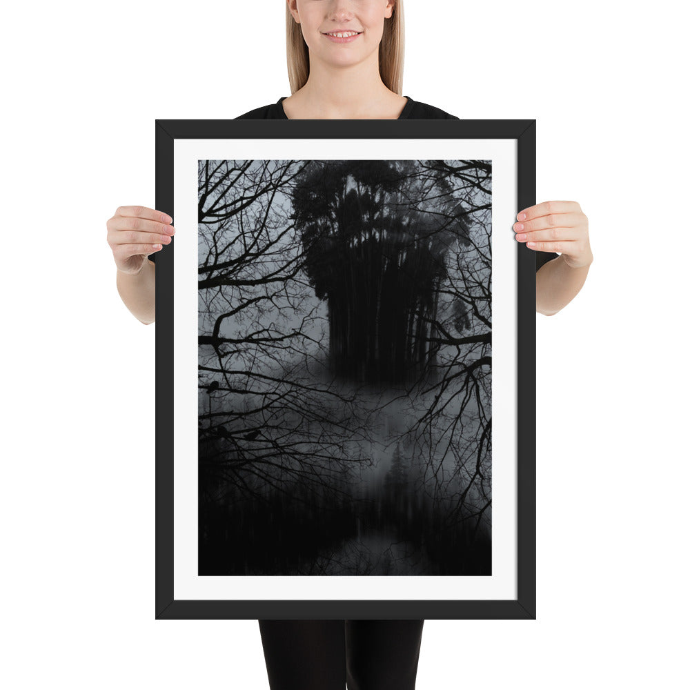 Affiche Encadrée Lost in the forest : Tableau Effet d'Optique - Visages Dissimulés dans une Forêt Sombre