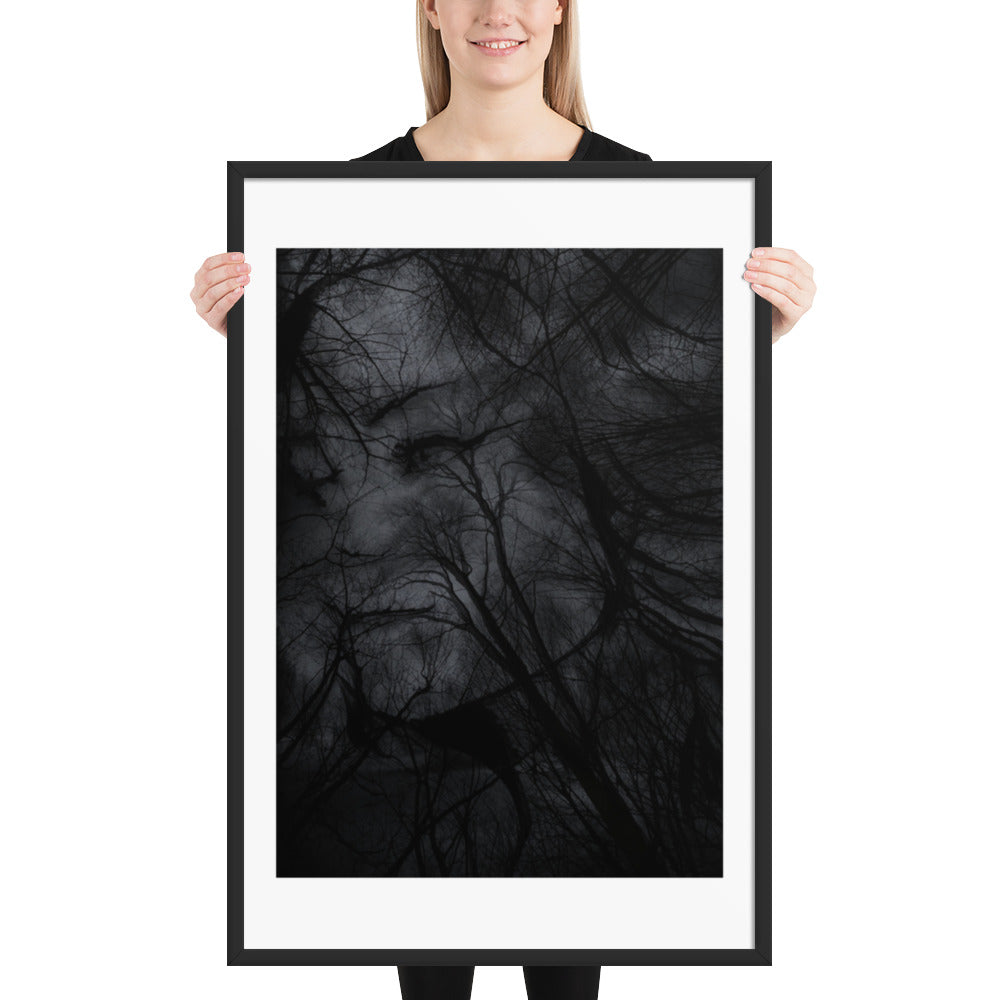 Affiche Encadrée : Tableau Effet d'Optique - Visage Dissimulé dans une Forêt Sombre