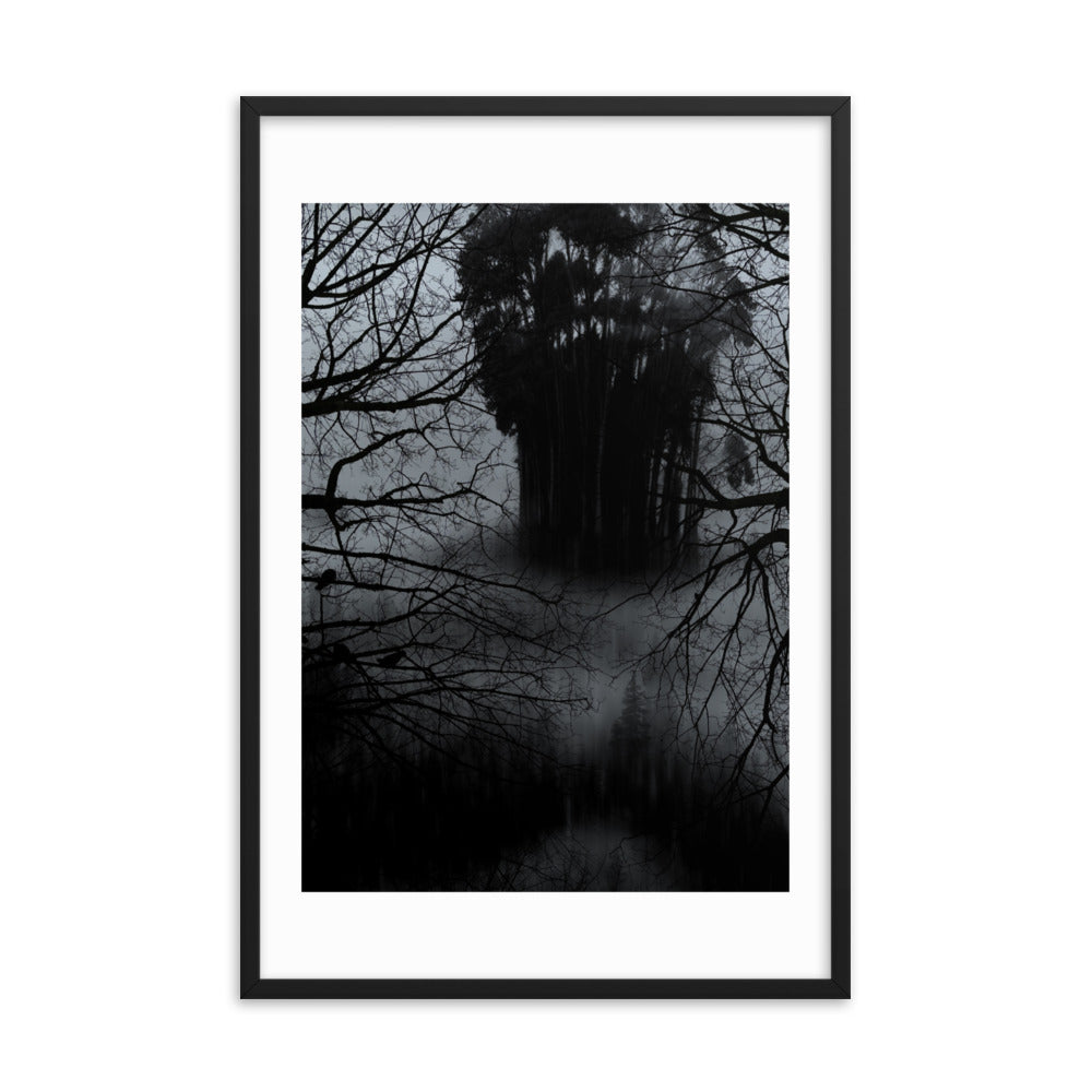 Affiche Encadrée Lost in the forest : Tableau Effet d'Optique - Visages Dissimulés dans une Forêt Sombre