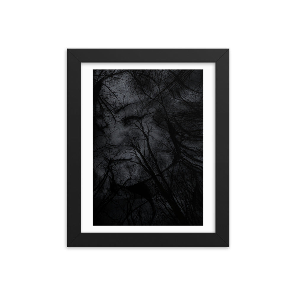 Affiche Encadrée : Tableau Effet d'Optique - Visage Dissimulé dans une Forêt Sombre